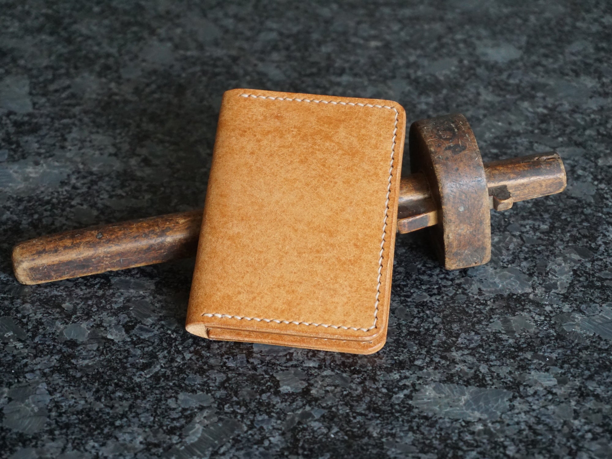 Front of Handmade tan leather wallet