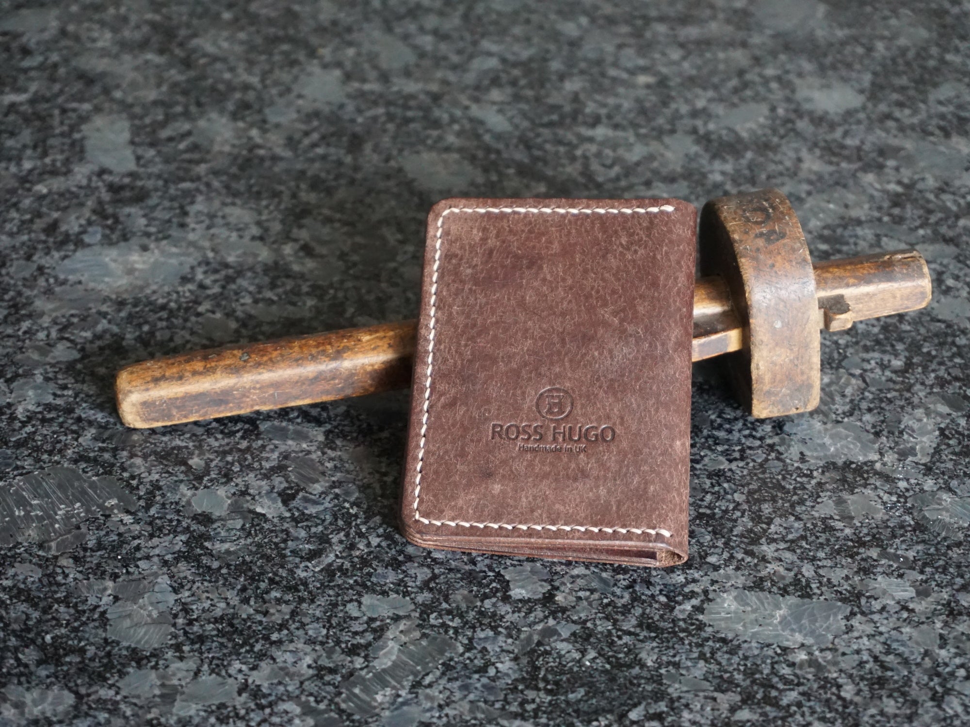 Back of Leather Wallet with Ross Hugo logo Brown